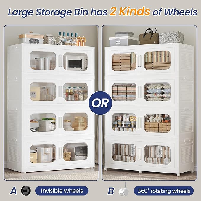 150GAL Extra Large Storage Bins with Lid, 600QT Storage Bins with Wheels, Folding Closet Organizer, Stackable Collapsible Plastic Storage Containers for Home, Office, Dorm, 3Pack White
