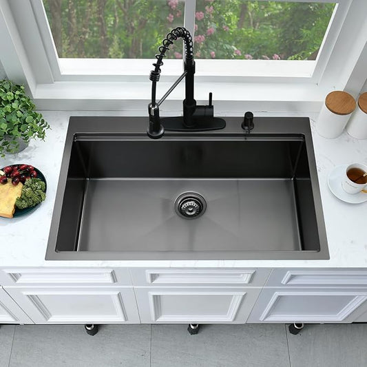 33 Inch Black Drop In Kitchen Sink Workstation-Bokaiya 33x22 Black Stainless Steel Kitchen Sinks Top Mount Ledge Workstation 16 Gauge 10" Deep Single Bowl Kitchen Sink with Cutting Board