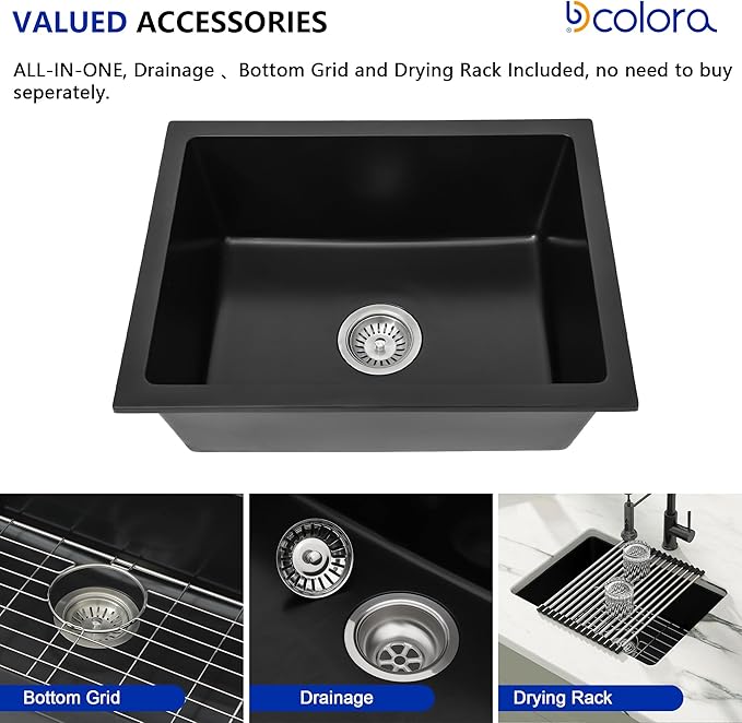 Dcolora 22 Inch Quartz Composite Bar Sink Black Undermount Small Granite Composite Kitchen Sink Prep RV Single Bowl Under Counter, Round Corner, 22"x17", DC-GU7747