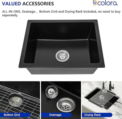 Dcolora 22 Inch Quartz Composite Bar Sink Black Undermount Small Granite Composite Kitchen Sink Prep RV Single Bowl Under Counter, Round Corner, 22"x17", DC-GU7747