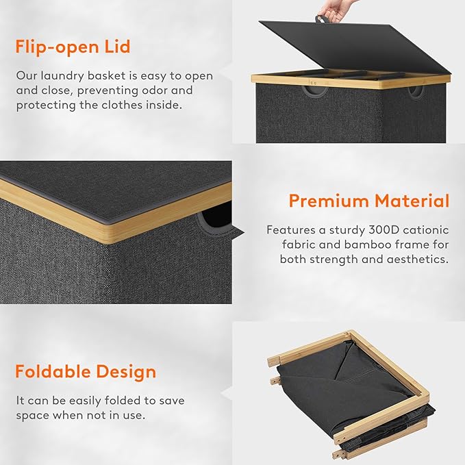 Lifewit 170L Triple Laundry Hamper with Lid, Extra Large Bamboo Laundry Basket Dirty Clothes Hamper,3 Section Laundry Bin Organizer for Laundry Room Bedroom with 3 Removable Liners & Bags, Dark Gray