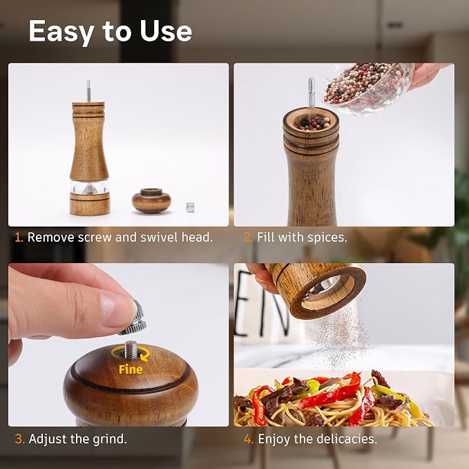 Wooden Salt and Pepper Grinder Set, Premium Oak Wood Salt Grinders Shakers - Image 7
