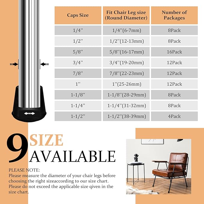 1-1/2” Round Rubber Chair Leg Tips Caps, Chair Leg Floor Protectors, Non-Slip - Image 6
