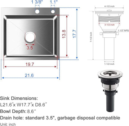 21.6x17.7 inch Drop in Kitchen Sink, Handmade 304 Stainless Steel Sink - Image 4