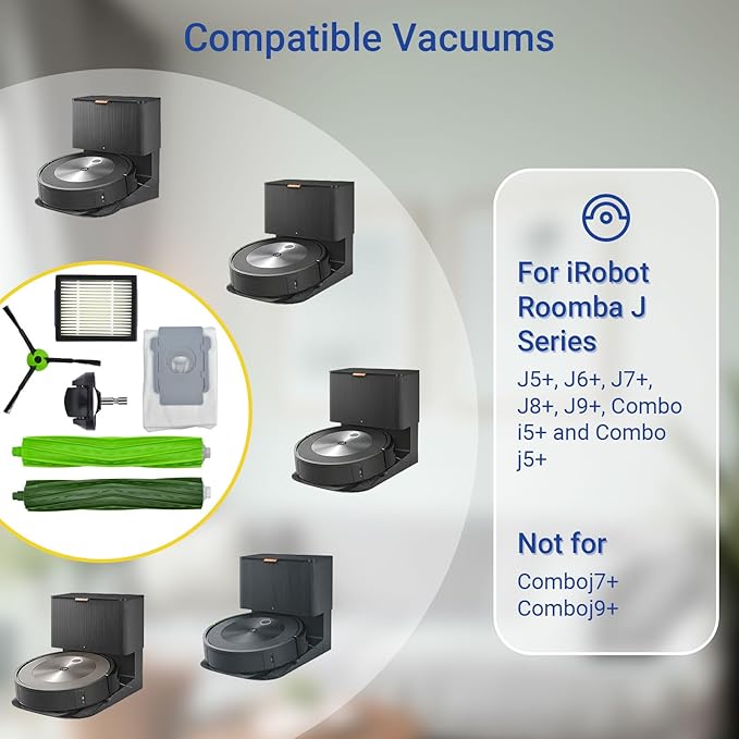 Replacement Parts Accessories for iRobot Roomba J Plus Series J5+ J6+ J7+ J8+ J9+ Vacuum Cleaner Attachment Kit,1 Main Brush, 2 Dirt Bag, 5 Side Brush, 5 Filter, 1 Caster Wheel (Not for Combo J7+/J9+)