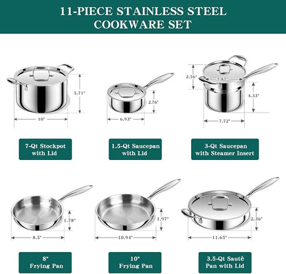 EWFEN Pots and Pans Set, 3 Ply 11 Piece Stainless Steel Cookware Set, Oven - Image 2