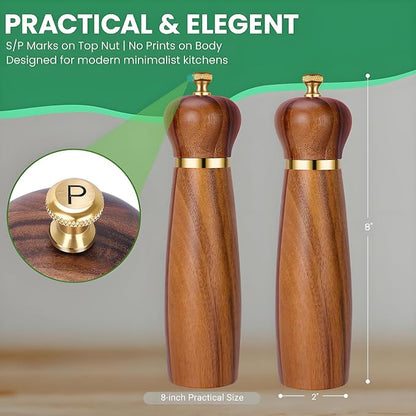 Acacia Wood Salt and Pepper Grinder Set, 8-Inch Manual Pepper Mill Grinder - Image 4