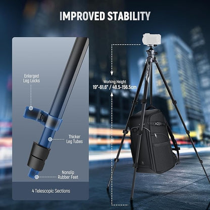 NEEWER LITETRIP LT07 61" Aluminum Travel Tripod Stand for Camera with Pan Tilt Low Profile Ball Head, Arca QR Plate Compatible with Peak Design Tripod Plate V3, Dual Center Axis, Max Load 22lb