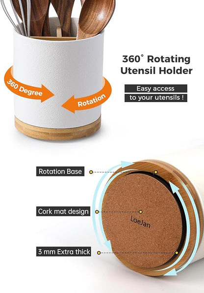 LoeJan 3 Compartment Utensil Holder, Extra Large Utensil Crock, Stable Ceramic - Image 5