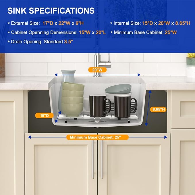 Dcolora 22 Inch Undermount Wet Bar Sink Single Bowl Modern Kitchen Sink White Granite Composite Deep Prep Small Sinks 22"×17"×9",DC-GUW003