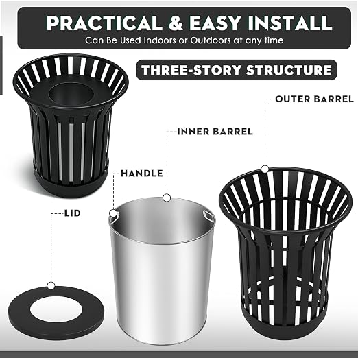 8Gallon Round Large Outdoor Trash Can, Heavy Duty Metal Slatted Garbage Can - Image 6