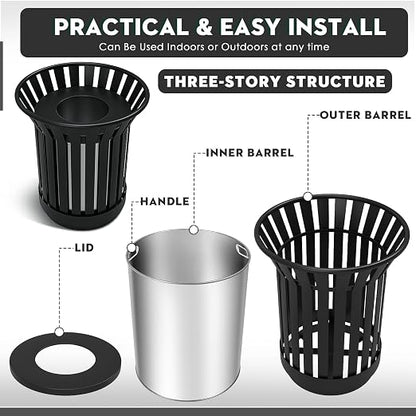 8Gallon Round Large Outdoor Trash Can, Heavy Duty Metal Slatted Garbage Can - Image 6
