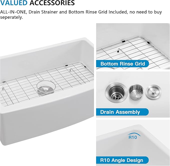 33 White Farm Sink - Fulorni 33"x21" Farmhouse Kitchen Sink Curved Apron Front Ceramic Porcelain Fireclay Single Bowl Farmer Style Basin