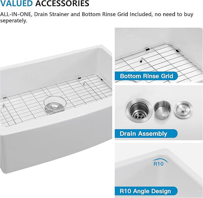 33 White Farm Sink - Fulorni 33"x21" Farmhouse Kitchen Sink Curved Apron Front Ceramic Porcelain Fireclay Single Bowl Farmer Style Basin