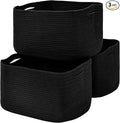Large Storage Baskets for Organizing Shelves, Woven Cotton Rope Bins for Baby Nursery Organization, Book Toy Towel Organizer, 17"x13"x9.5", 3 Packs, Black