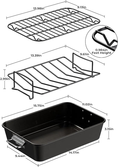 Turkey Roasting Pan with Rack Non stick Carbon Steel Roaster 16x11 Inch - Image 2
