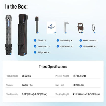 42.2" Carbon Fiber Travel Tripod with 4-Section Leg, Professional Shoot Tripod for Travel/Video/Live Streaming, Max Load 13.23lb with 1/4"-20 Threaded Accessory Socket