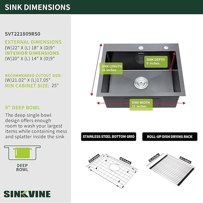 Black Kitchen Sink Drop-In 22 x 18 inch, SINKVINE PVD Nano Stainless Steel Bar Sink Outdoor, Top Mount Deep Single Bowl RV Laundry Basin, w/Drain Strainer, Bottom Grid, Roll-up Drying Unit, Dark Gray