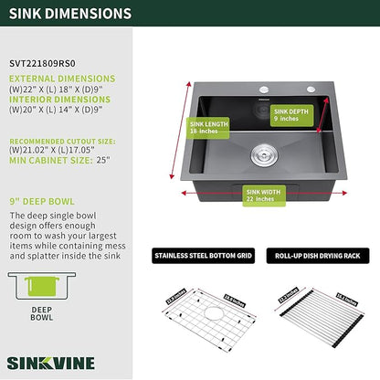 Black Kitchen Sink Drop-In 22 x 18 inch, SINKVINE PVD Nano Stainless Steel Bar Sink Outdoor, Top Mount Deep Single Bowl RV Laundry Basin, w/Drain Strainer, Bottom Grid, Roll-up Drying Unit, Dark Gray