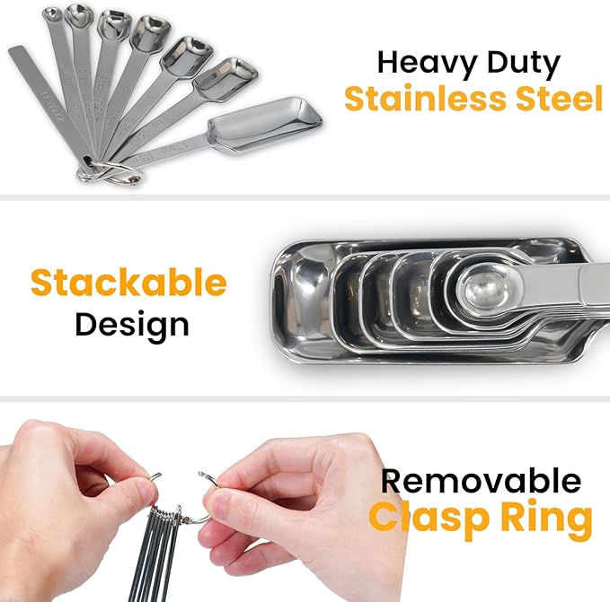 Stainless Steel Measuring Spoons Set of 8, Rectangular Metal Measuring Spoons with Leveler, Compact Spoons Design for Narrow Spice Jars, Teaspoon & Tablespoon Spoons for Dry & Liquid Ingredients