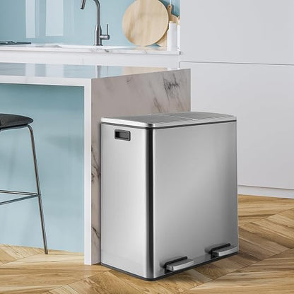 16 Gallon Rectangular Stainless Steel Trash Can, Dual Compartment Garbage Bin - Image 7