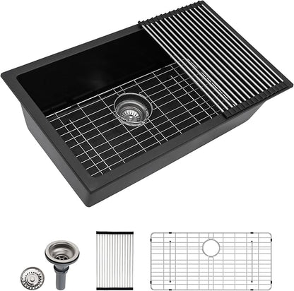 Dcolora 31 Inch Quartz Composite Black Kitchen Sink Undermount Sink Deep Single Bowl, 31"x18" Round Corner, DC-GU7748