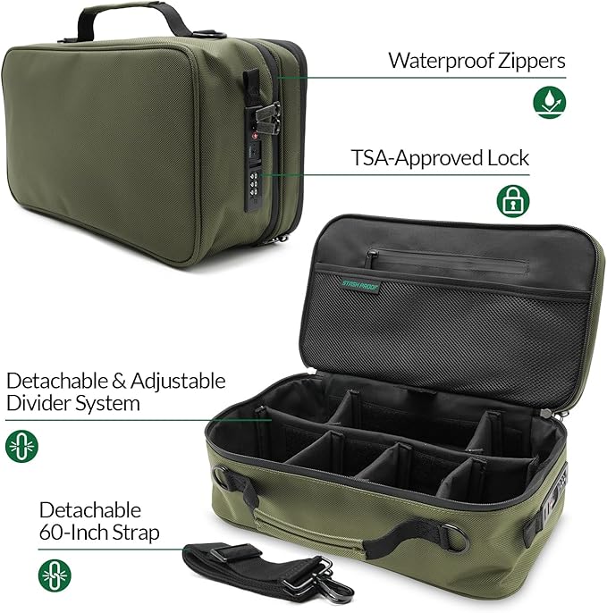 Large Storage Case with TSA Combination Lock Bag, Portable Carbon Lined, XL Medicine Lockable Box for Travel & Home Secured Box Organizer Divider Jars Accessories, Removable Tray (Green)