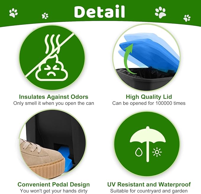 Dog Poop Trash Can Outside, 20L/5Gallon Dog Waste Trash Can with Lid, Pedal and Removable Inner Waste Bin, Pet Poop Bucket with 100 Bags, Blue