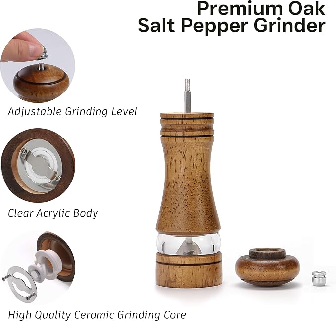 Wooden Salt and Pepper Grinder Set, Premium Oak Wood Salt Grinders Shakers - Image 4