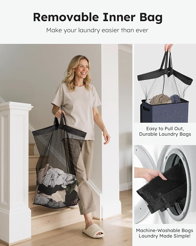 SOLEDI Laundry Hamper with Lid 90L Large & Tall Collapsible Laundry Basket, Clothes Hamper with Bag Removable Easy to Carry, Dirty Hampers for Bedroom, Bathroom, Dorm, College, Navy Blue