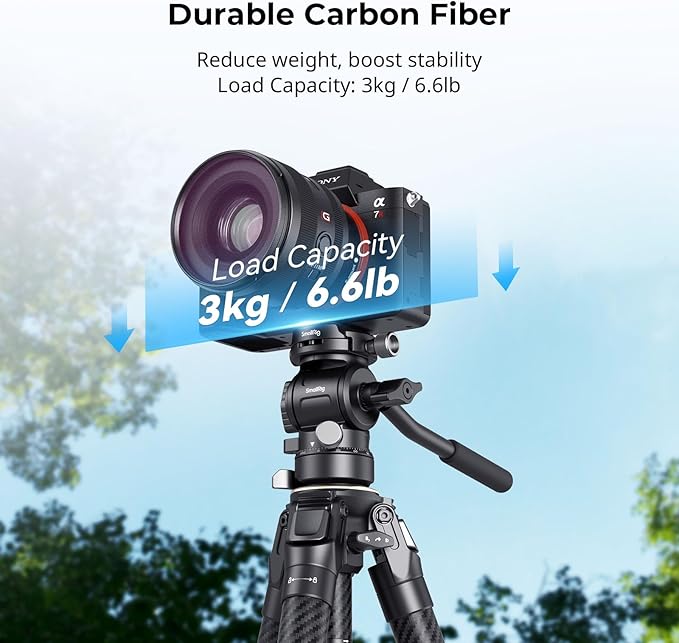 SmallRig Portable Carbon Fiber Travel Tripod Kit, 61.8'' Video Camera Tripod Monopod Video Head, Built-in QR Plate for Arca, Switchable Centre Column, Max Load 3kg / 6.6lb for Cameras, DSLR
