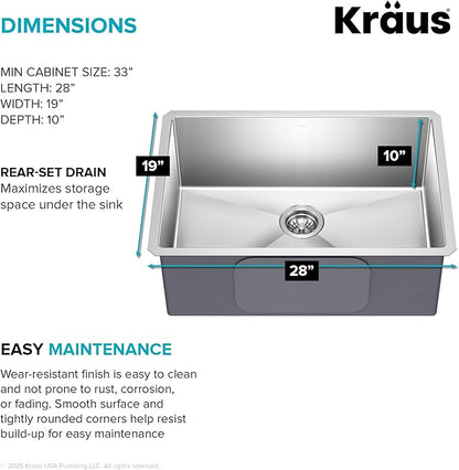 KRAUS Standart PRO 28-inch 16 Gauge Undermount Single Bowl Stainless Steel Kitchen Sink, KHU100-28