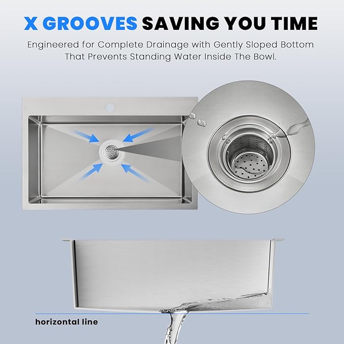 POPFLY 28×20 Inch Drop In SUS 304 Kitchen Sink, Top mount Stainless Steel 9 Inch Deep Single Bowl Kitchen Sinks, Brushed Nickel