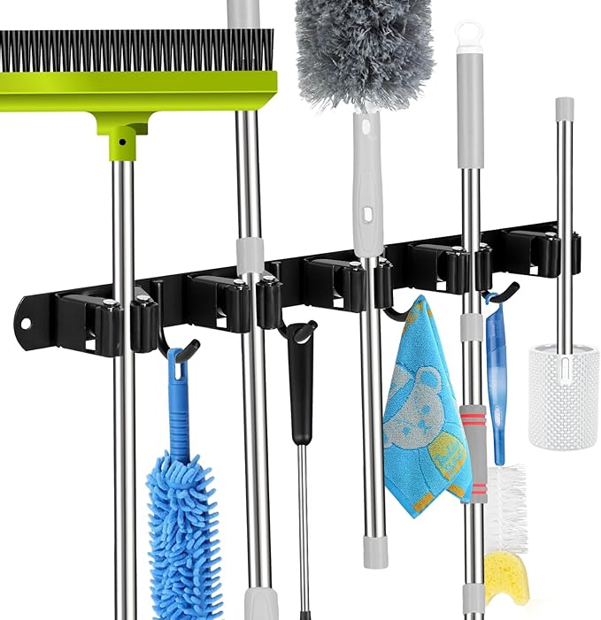 voze [2 Pack] 5 Racks and 4 Hooks Mop and Broom Holder Wall Mount, Self Adhesive Heavy Duty Broom Organizer Storage Tool Racks for Kitchen Garden Laundry Garage Black