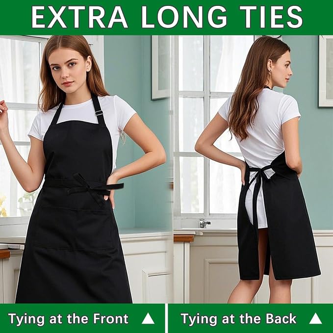Bib Apron - Unisex Black Aprons 6 Pockets Cooking Kitchen Apron - Image 3