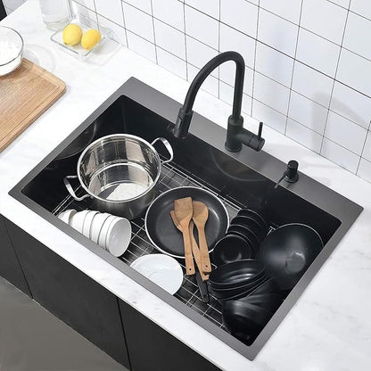 COMLLEN 33"x22"x9" Black Drop In Kitchen Sink, Top Mount SUS304 Stainless Steel Gunmetal Black 18 Gauge Large Commercial Modern Handmade Kitchen Sinks with Drain