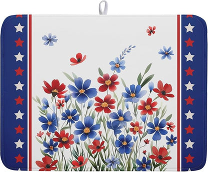 4th of July Dish Drying Mats for Kitchen Counter Summer Flowers Patriotic by Kawani