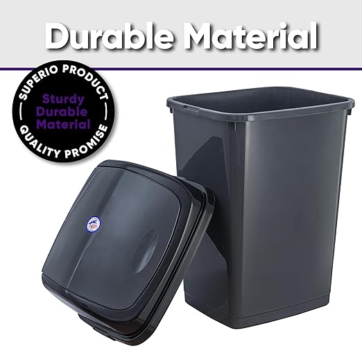Superio 13 Gallon Plastic Swing Lid Trash Can, Grey/Black 2 Pack, Ideal for Home, Office, Garage, Patio, and Outdoor Use