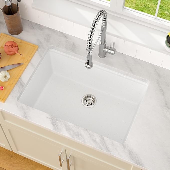 Dcolora 28 Inch White Undermount Kitchen Sink Workstation Single Bowl Modern Kitchen Sink Granite Composite,#DC-GU0003WS