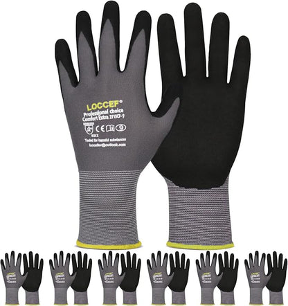 LOCCEF Work Gloves MicroFoam Nitrile Coated-6 Pairs, Seamless Knit Nylon Gloves by LOCCEF