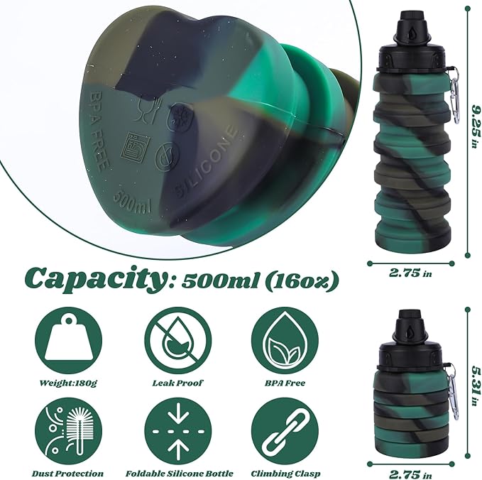 Collapsible Water Bottle for Adults, Boys, Students, Kids, Reusable Silicone Foldable Water Bottles for Travel Camping Hiking Sports,Leak-Proof Portable Sports Water Bottle (Camouflage & Purple)