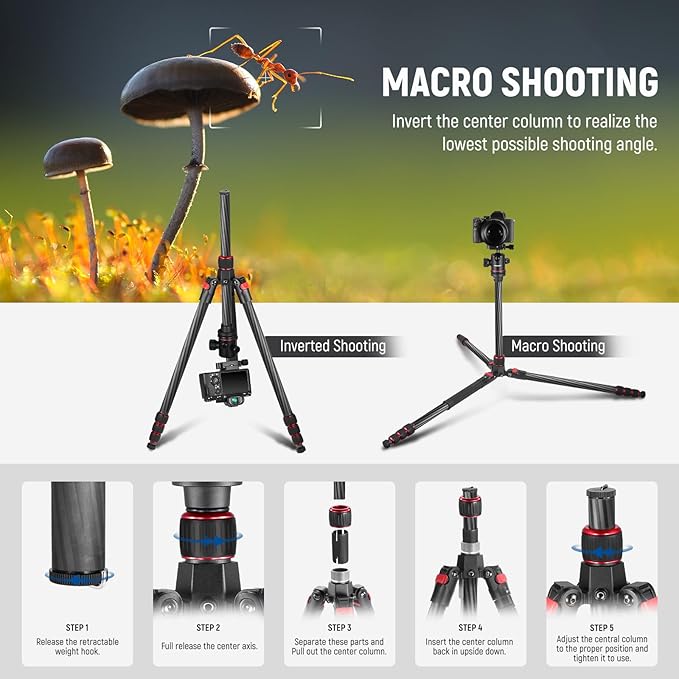 NEEWER 66"/168cm Carbon Fiber Tripod for Camera with 360° Panorama Ball Head, 1/4" Arca QR Plate, Portable Bag, Compact Travel Tripod Monopod for DSLR Video Camcorder, Max Load 26.5lb/12kg, N55C