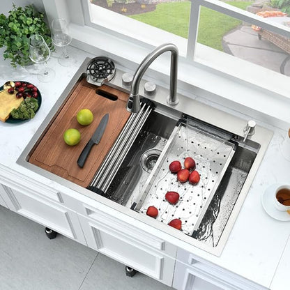 33 Inch Waterfall Drop In Kitchen Sink with Fuacet Combo-Bokaiya 33x22 Waterfall Kitchen Sink with Cup Washer Stainess Steel Top Mount 16 Gauge Multifunctional Deep Single Bowl Modern Kitchen Sinks