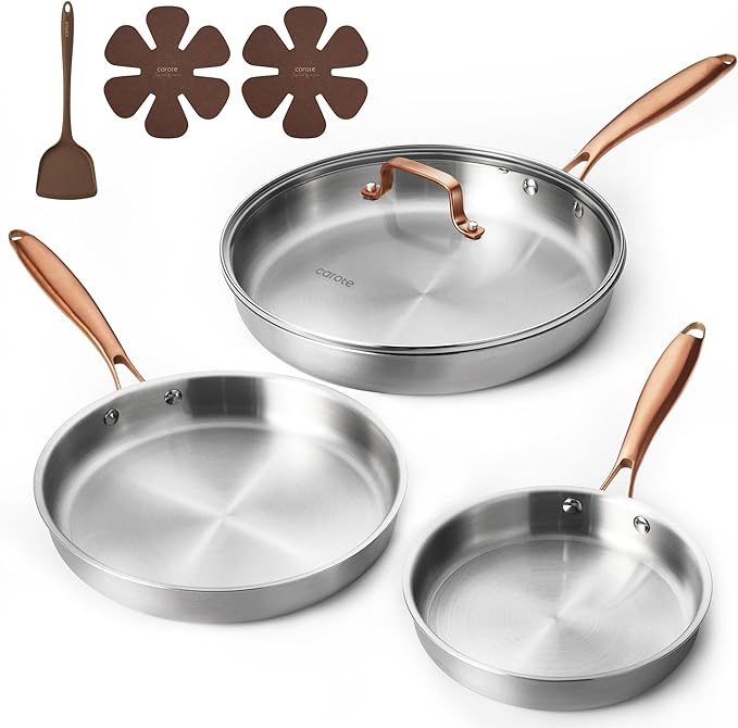 CAROTE 7-Piece Tri-Ply Stainless Steel Frying Pan Set, Skillet Set 8"/10"/12" by CAROTE