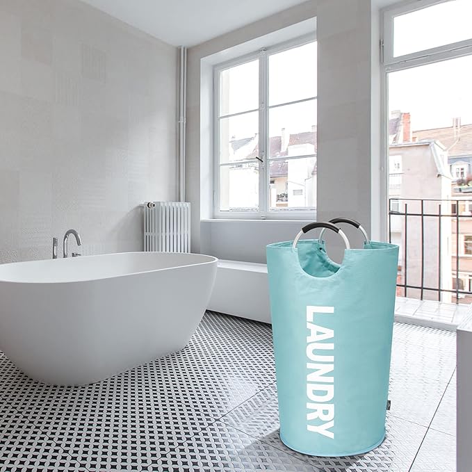 DOKEHOM 90L Large Laundry Basket, Collapsible Laundry Bag, Freestanding Tall Clothes Hamper, Foldable Washing Bin (Light Blue)