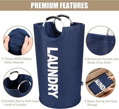 DOKEHOM 90L Large Laundry Basket, Collapsible Laundry Bag, Freestanding Tall Clothes Hamper, Foldable Washing Bin (Dark Blue)