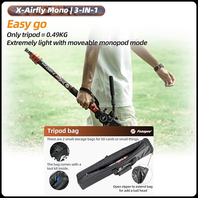 Fotopro Carbon Fiber 3-in-1 Monopod, 73" Travel Monopod with Feet, Max Load 22lbs for DSLR Camera Stabilizer, X-Airfly Mono Grey