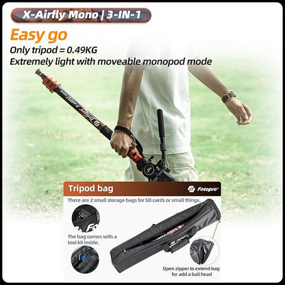 Fotopro Carbon Fiber 3-in-1 Monopod, 73" Travel Monopod with Feet, Max Load 22lbs for DSLR Camera Stabilizer, X-Airfly Mono Grey