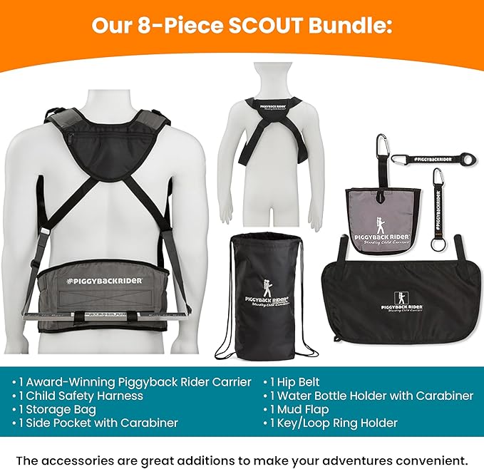 Piggyback SCOUT Toddler Carrier Backpack Deluxe - 6 Piece Set: Hip Belt, Carry Bag, Side Pocket, Mud Flap, Water Bottle & Selfie Stick Holders - For Ages 2-4 (Under 50 lbs) - Hiking & Travel