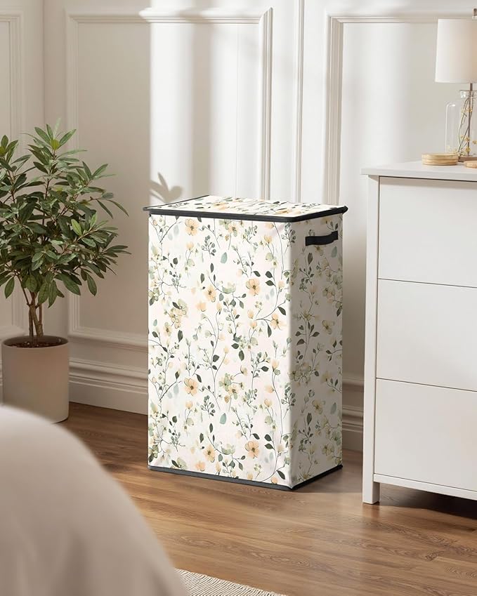 SOLEDI Laundry Hamper with Lid, 90L Tall & Large Floral Laundry Basket, Collapsible Clothes Hamper with Removable Bag, Dirty Hampers for Bedroom, Bathroom, Laundry Room
